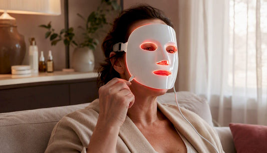 Eine Frau setzt sich eine LED-Gesichtsmaske auf.