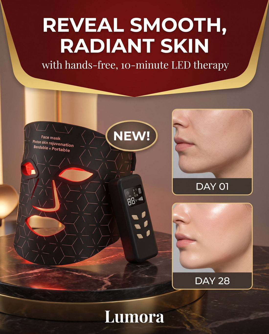 Red light therapy before and after results — Lumora LED mask